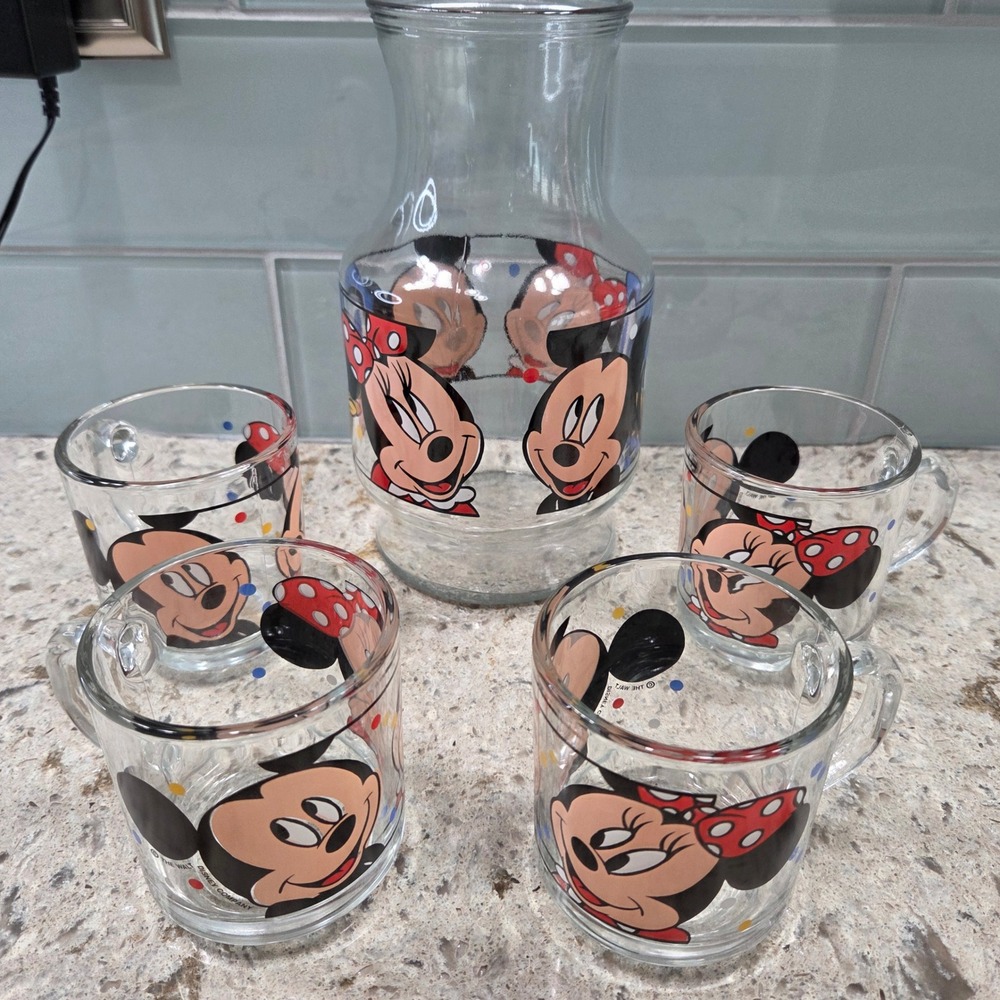 Vintage Anchor Hocking Disney Mickey Mouse Donald Duck Pitcher and Glass Set